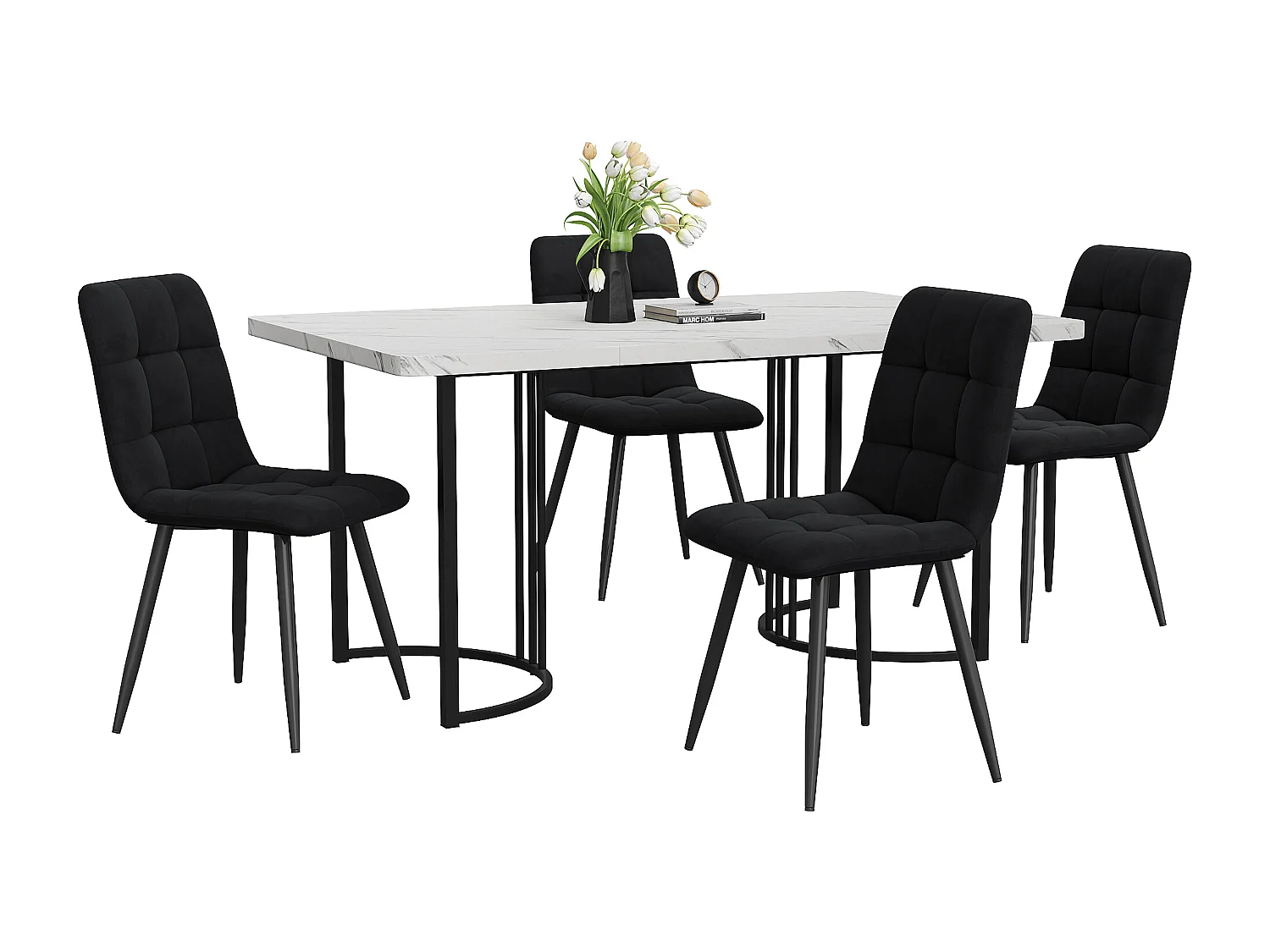 Ensemble table + 4 chaises -140×80×75cm, MDF+métal+velours, noir+blanc