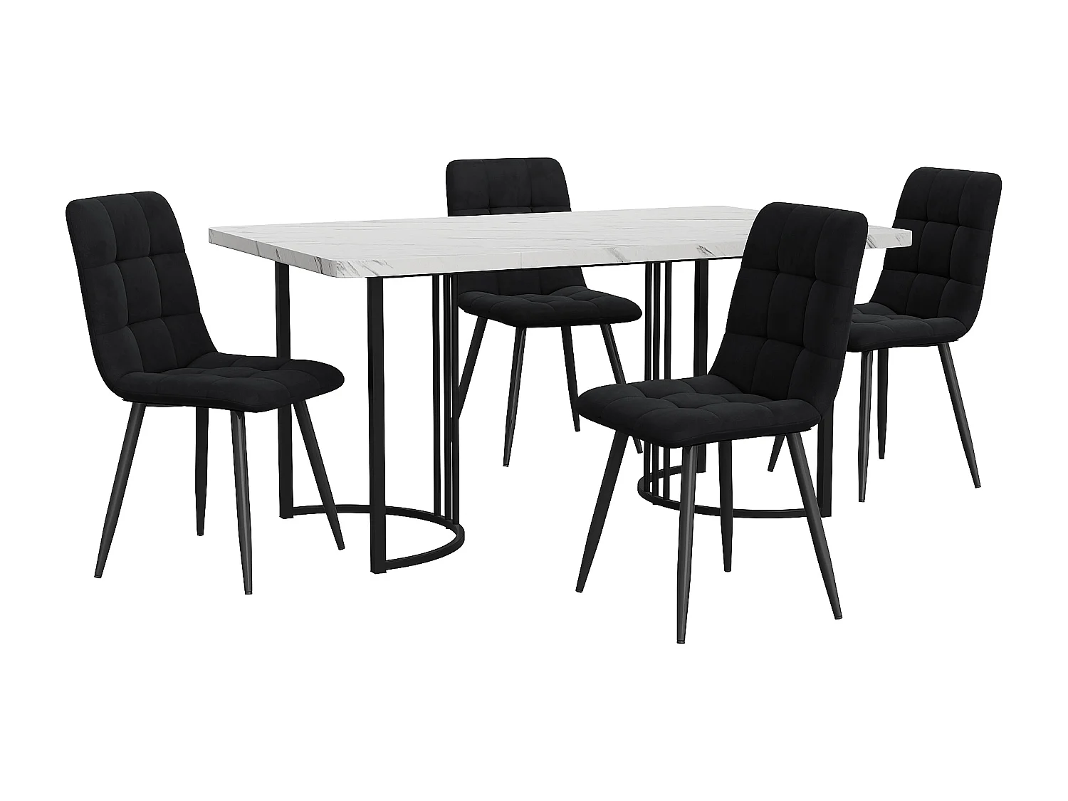 Ensemble table + 4 chaises -140×80×75cm, MDF+métal+velours, noir+blanc