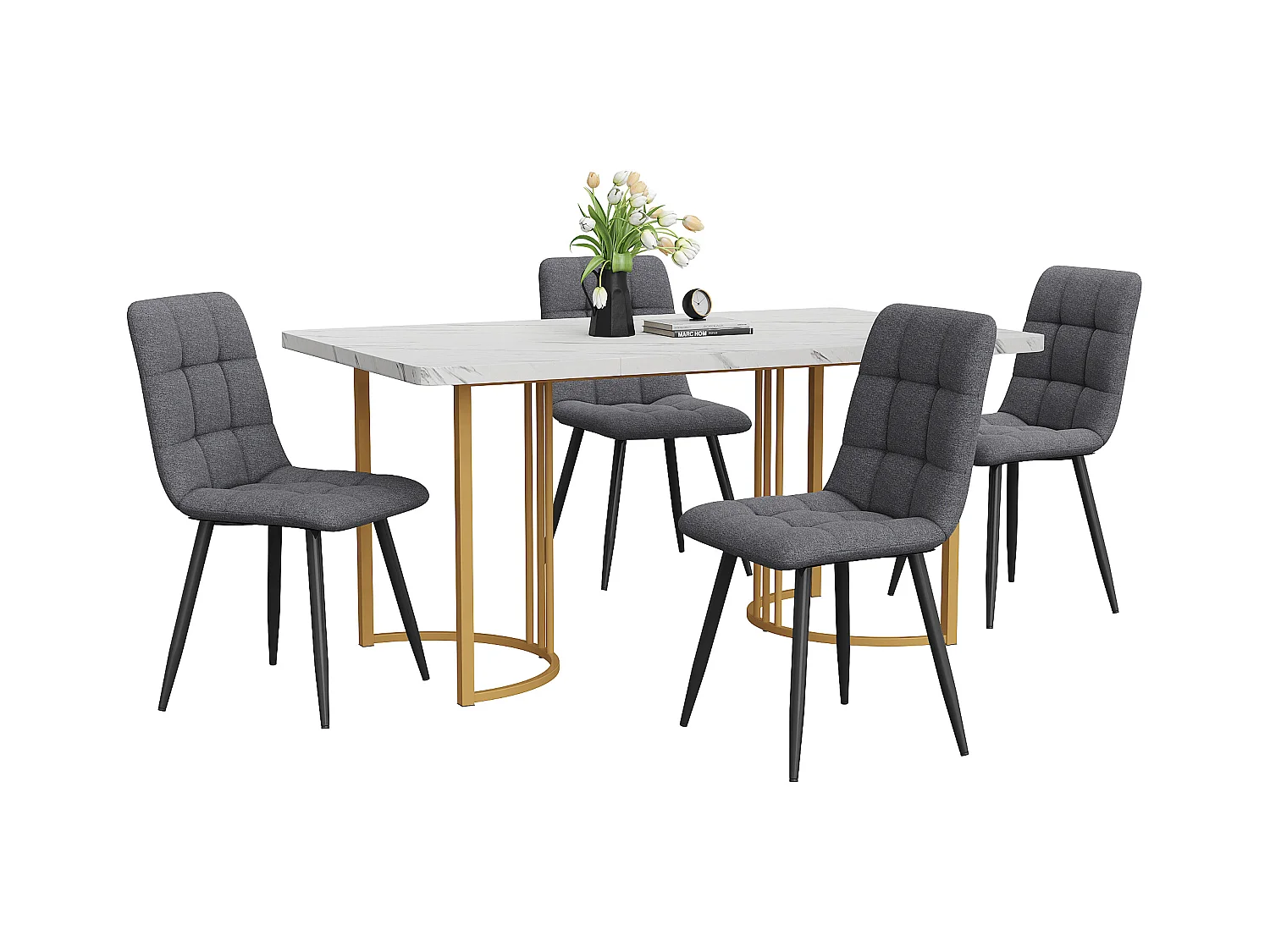 Eetkamerset, tafel 140×80×75 cm met 4 stoelen, MDF+metaal+linnen, goud+wit+donkergrijs