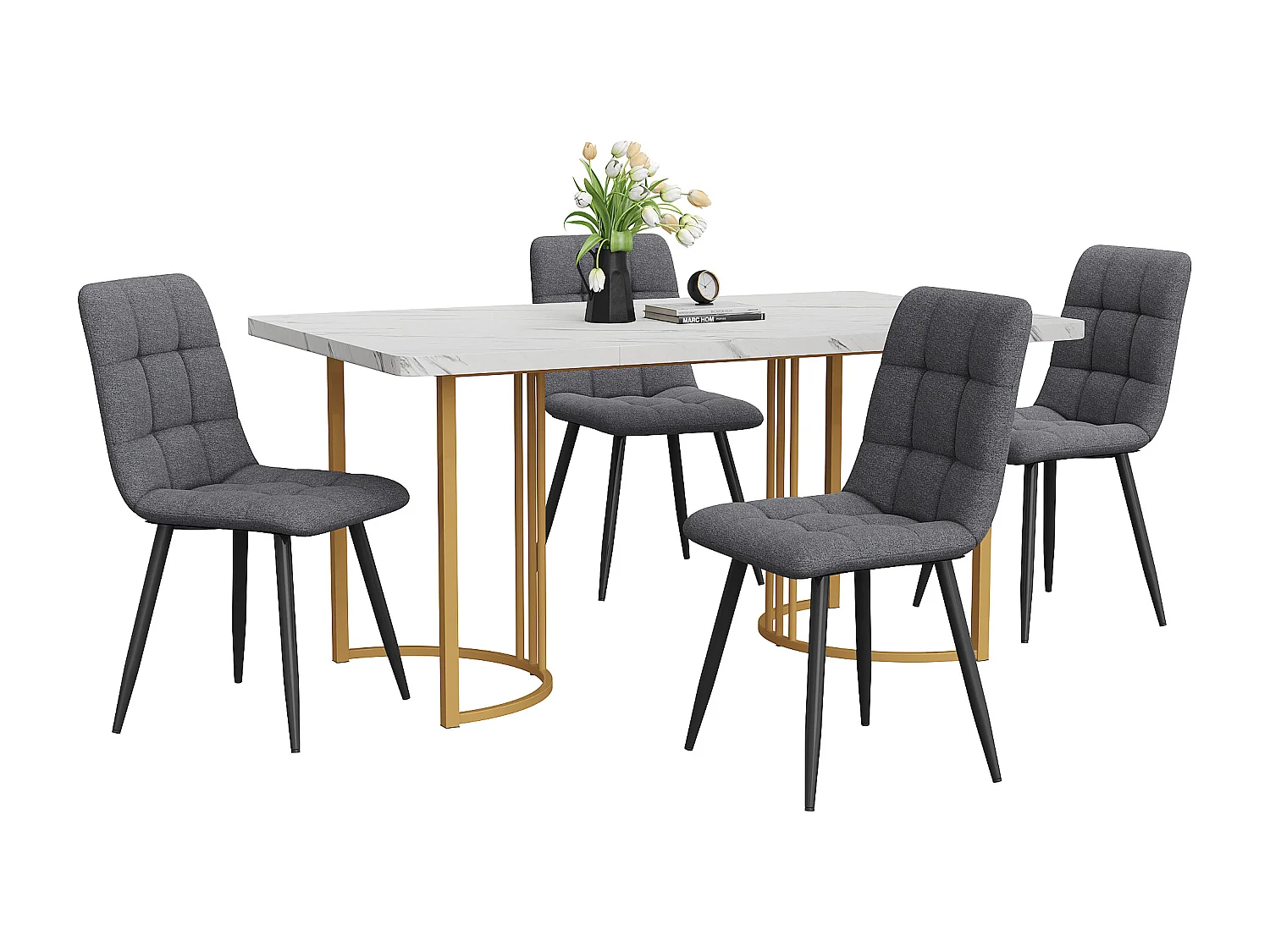Ensemble table + 4 chaises -140×80×75cm, MDF+métal+lin, doré+blanc+gris foncé