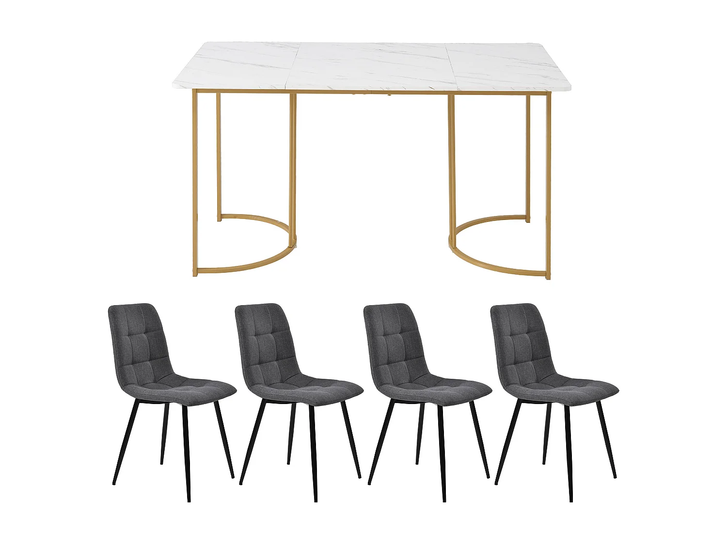 Ensemble table + 4 chaises -140×80×75cm, MDF+métal+lin, doré+blanc+gris foncé