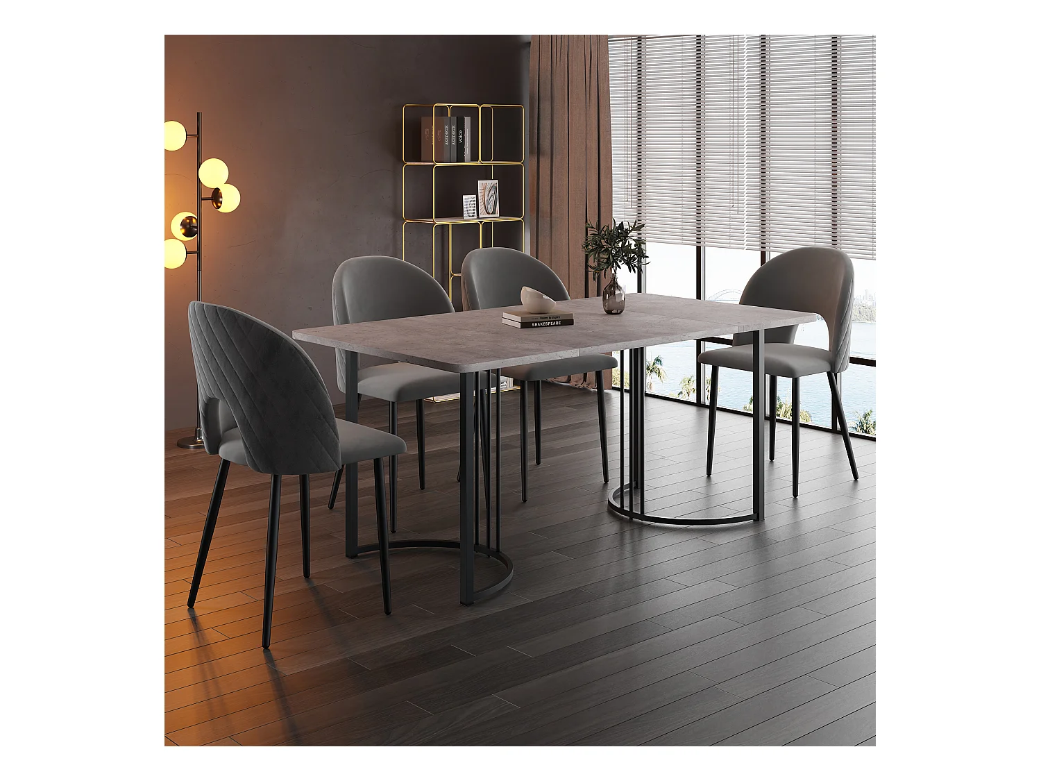Ensemble table + 4 chaises -140×80×75cm, MDF+ pieds réglables en métal+velours, noir+gris