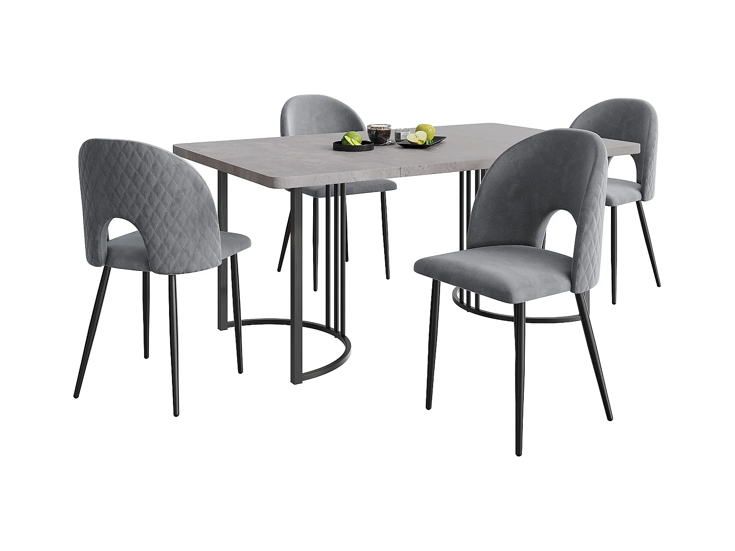 Eetkamerset, tafel 140×80×75 cm met 4 stoelen met verstelbare poten, MDF+metaal+fluweel, zwart+grijs
