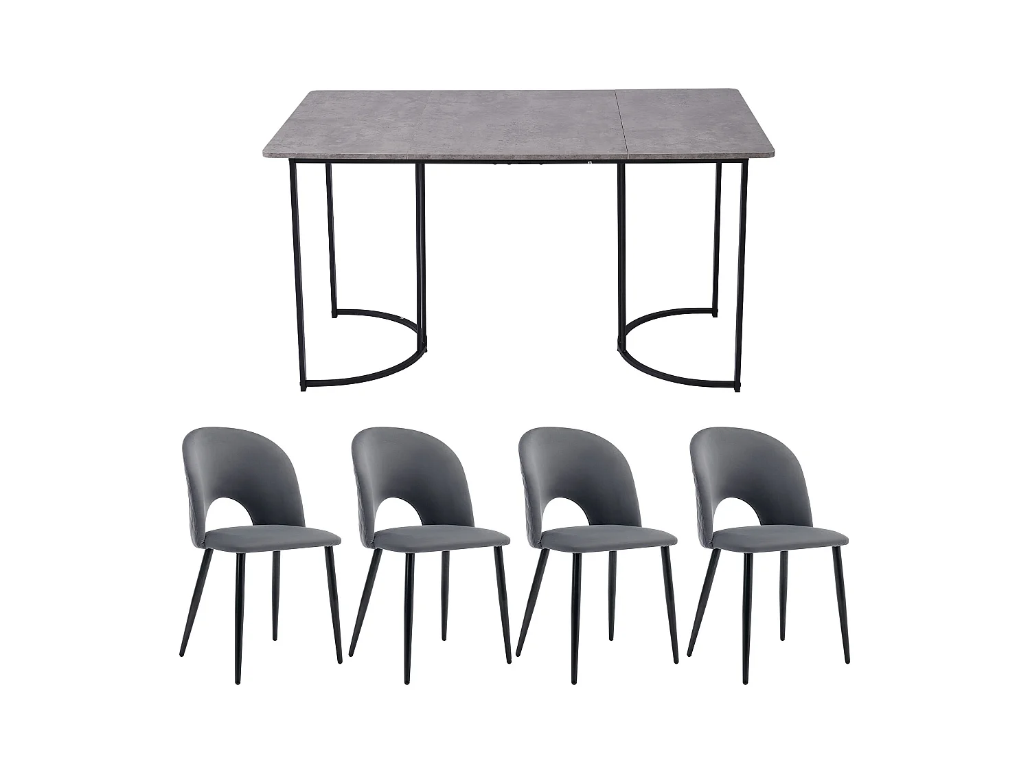 Eetkamerset, tafel 140×80×75 cm met 4 stoelen met verstelbare poten, MDF+metaal+fluweel, zwart+grijs