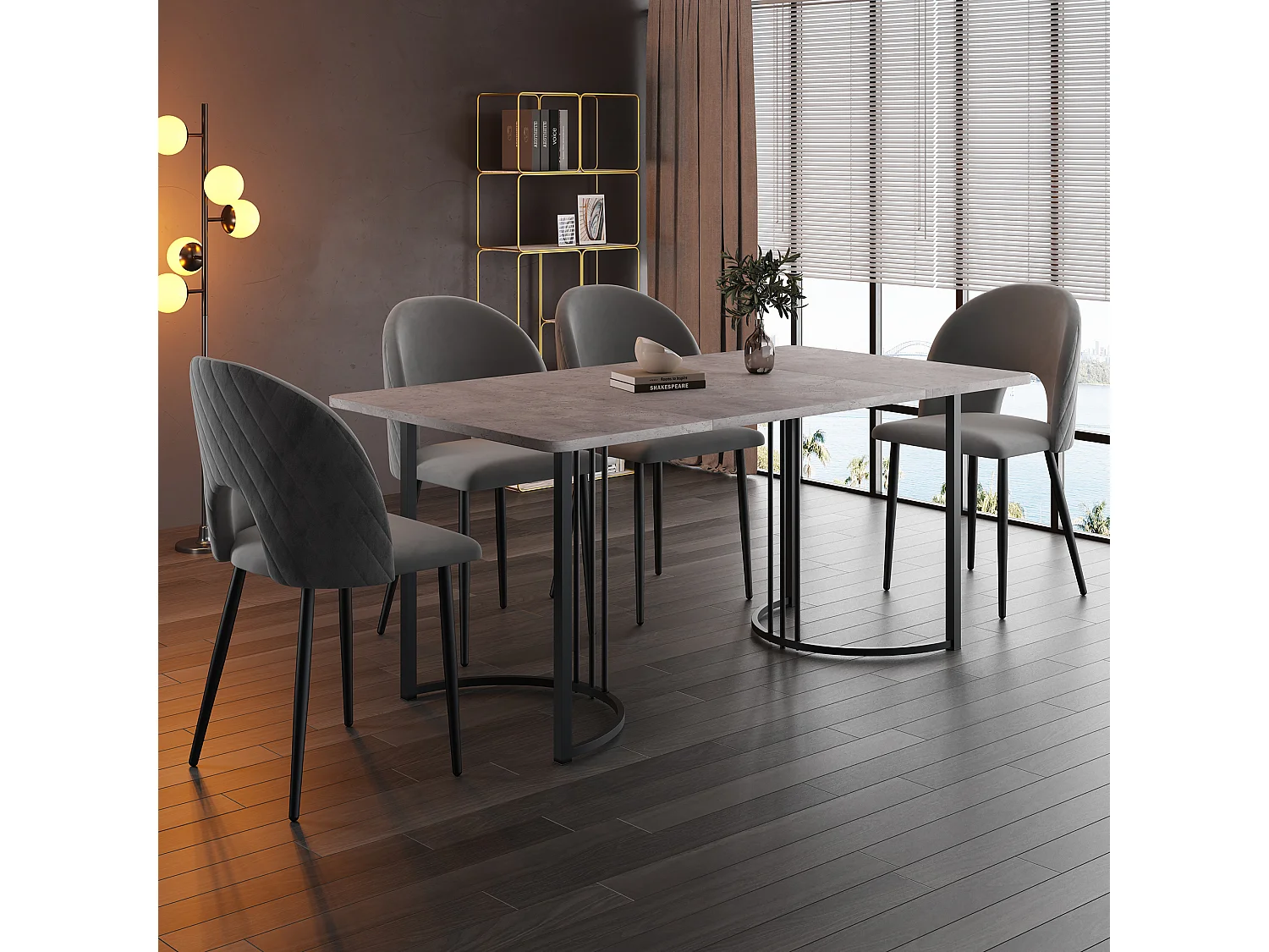 Set da pranzo, tavolo 140×80×75 cm con 4 sedie con gambe regolabili, MDF+metallo+velluto, nero+grigio