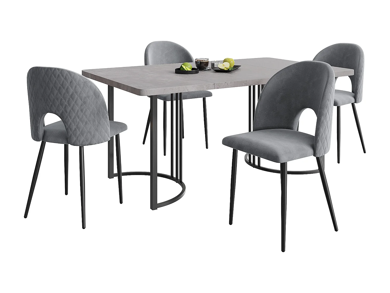 Set da pranzo, tavolo 140×80×75 cm con 4 sedie con gambe regolabili, MDF+metallo+velluto, nero+grigio