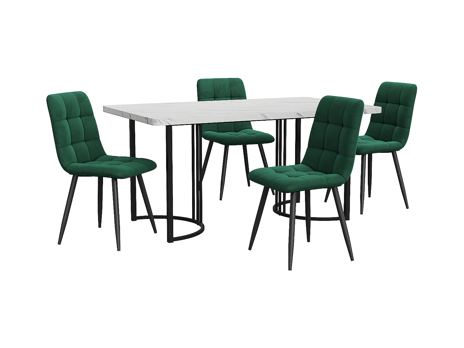 Ensemble table + 4 chaises -140×80×75cm, MDF+métal+velours, noir+blanc+vert foncé