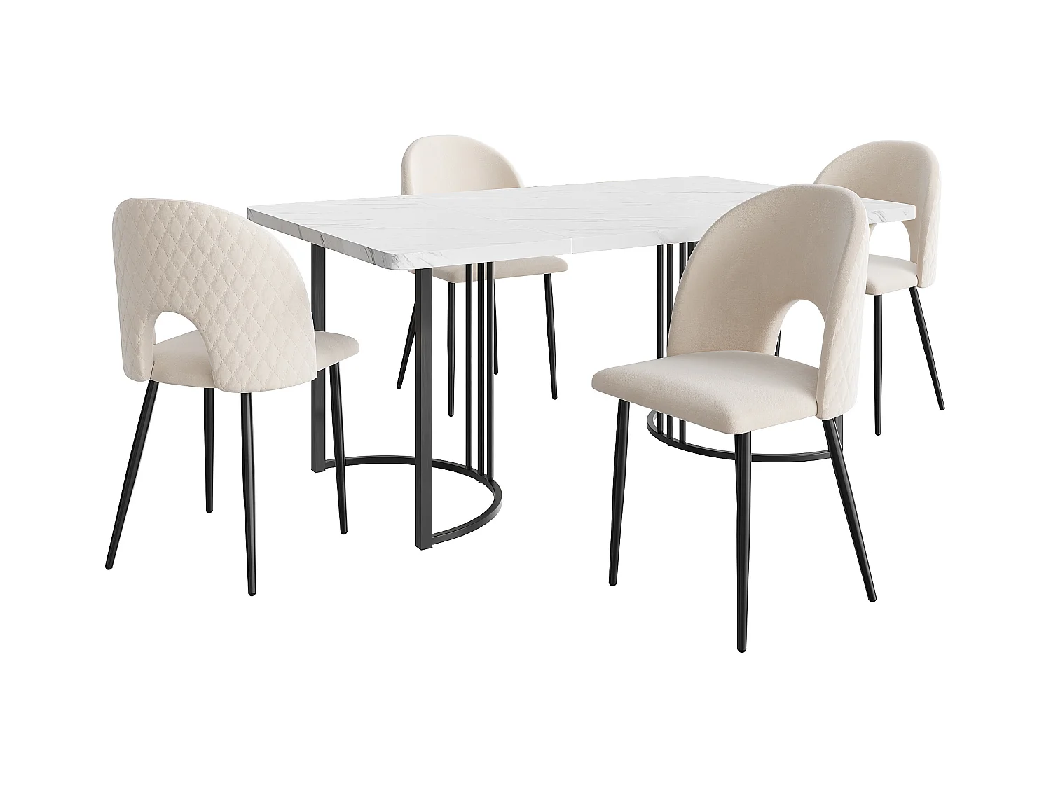 Ensemble table + 4 chaises -140×80×75cm, MDF+ pieds réglables en métal+velours, noir+blanc+beige