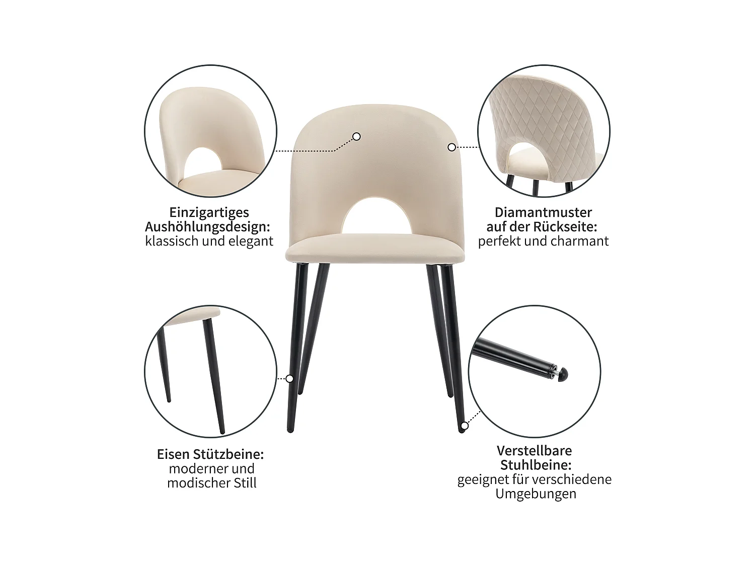 Ensemble table + 4 chaises -140×80×75cm, MDF+ pieds réglables en métal+velours, noir+blanc+beige