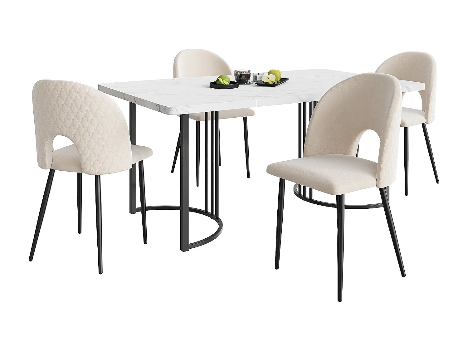 Conjunto de comedor, mesa 140×80×75cm con 4 sillas con patas regulables, MDF+metal+terciopelo, negro+blanco+beige