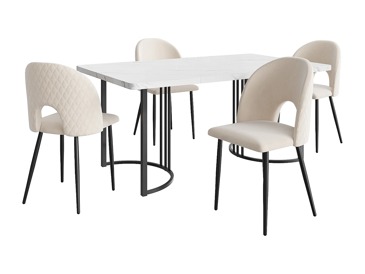 Conjunto de comedor, mesa 140×80×75cm con 4 sillas con patas regulables, MDF+metal+terciopelo, negro+blanco+beige