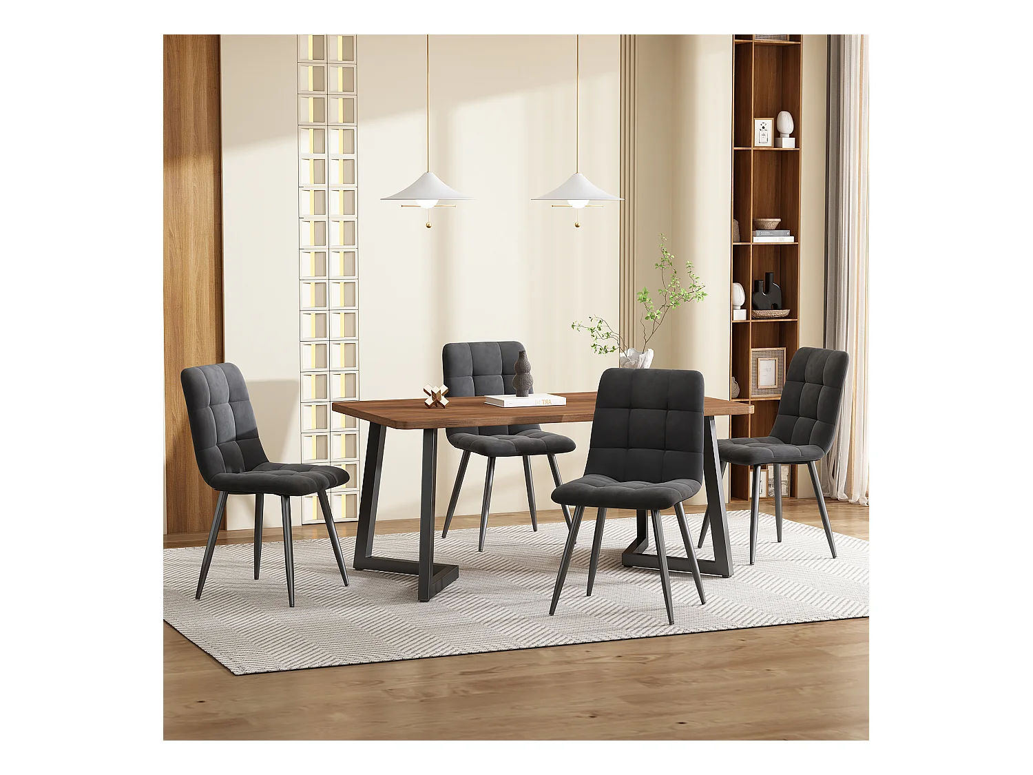 Ensemble table + 4 chaises -140×80×75cm, MDF+métal+velours, noir+noyer+gris foncé