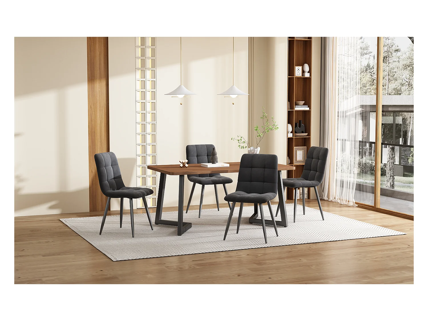 Ensemble table + 4 chaises -140×80×75cm, MDF+métal+velours, noir+noyer+gris foncé