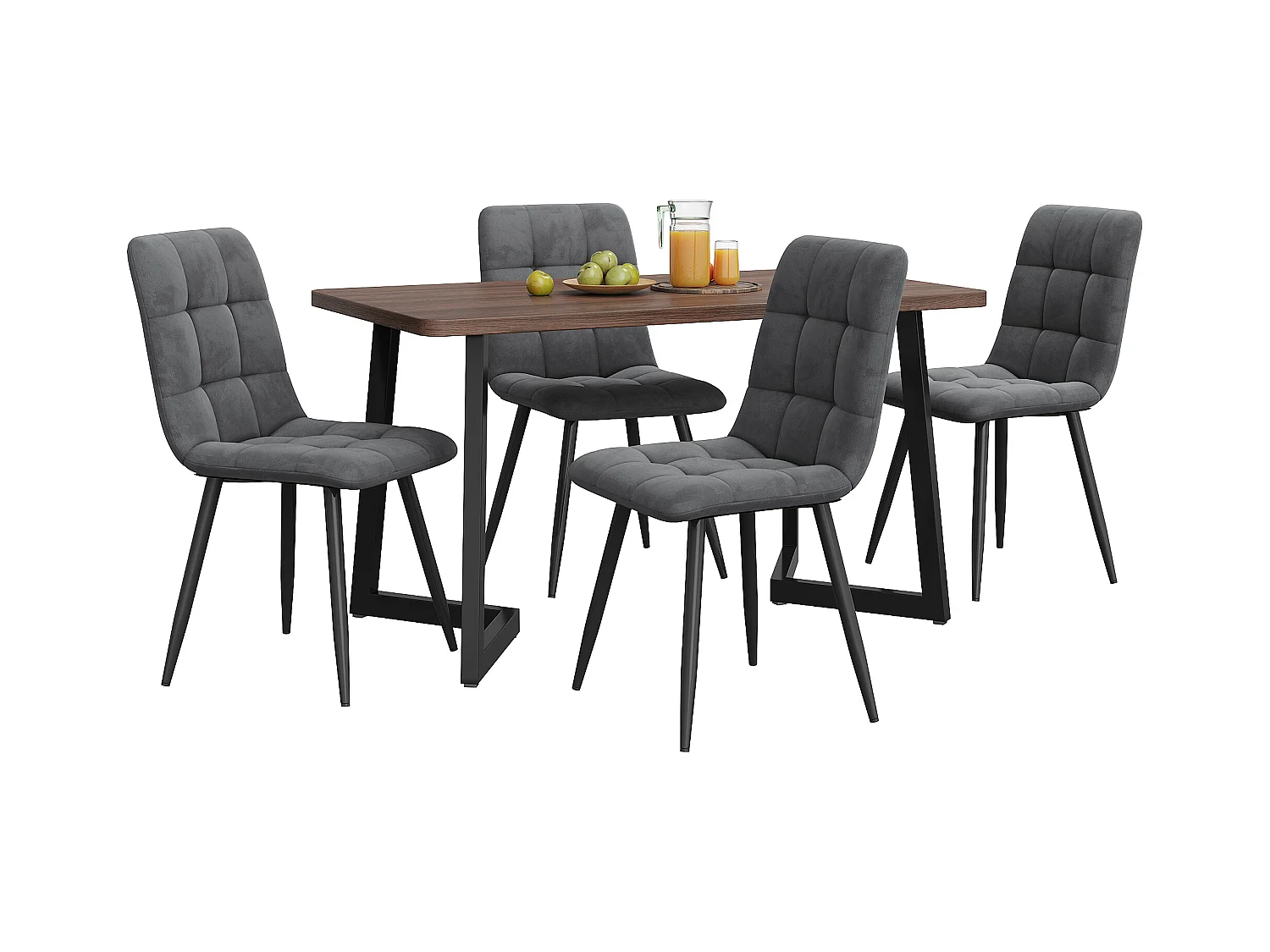 Ensemble table + 4 chaises -140×80×75cm, MDF+métal+velours, noir+noyer+gris foncé
