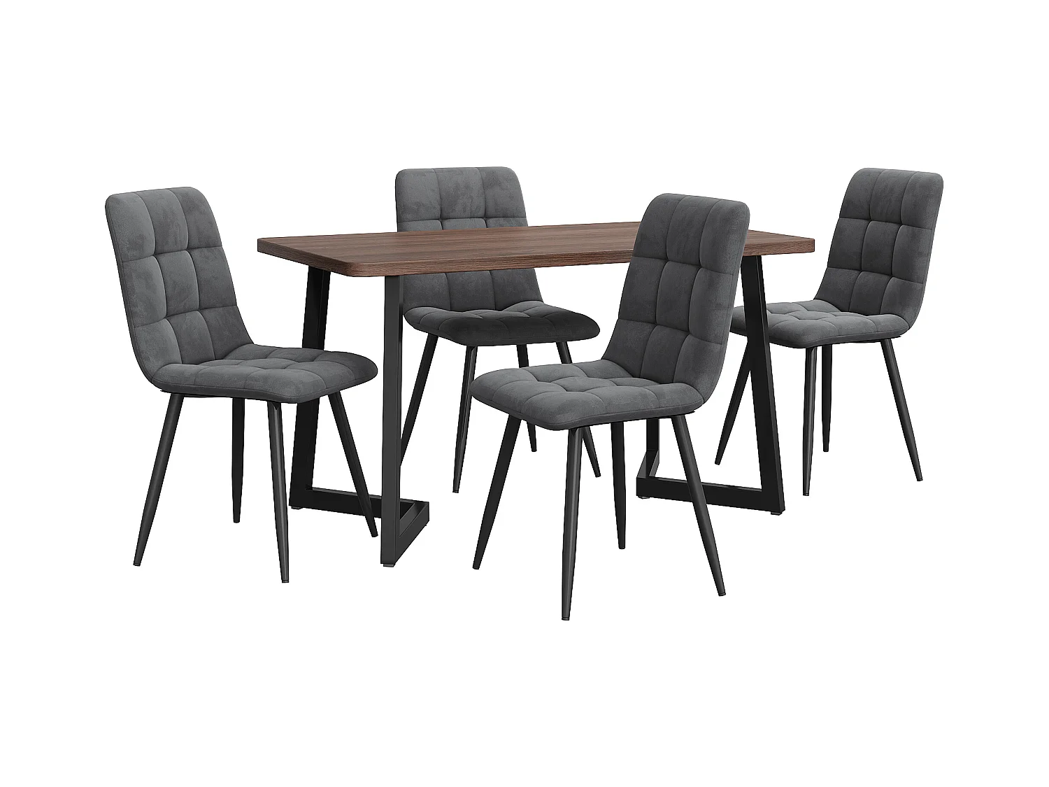 Ensemble table + 4 chaises -140×80×75cm, MDF+métal+velours, noir+noyer+gris foncé