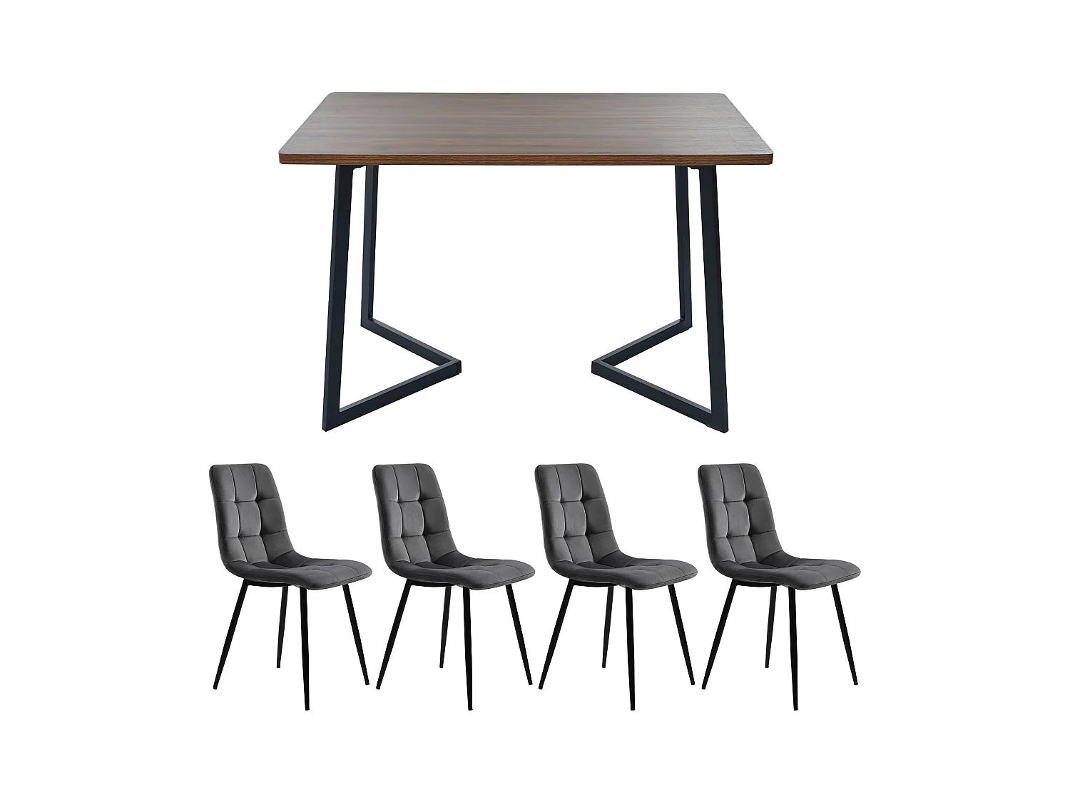 Ensemble table + 4 chaises -140×80×75cm, MDF+métal+velours, noir+noyer+gris foncé