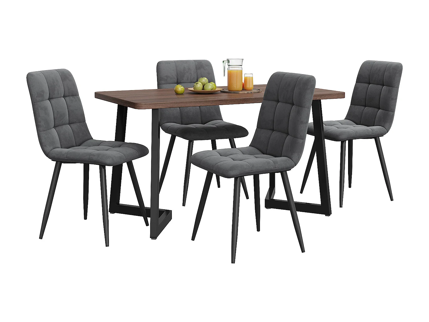 Conjunto de comedor, mesa 140×80×75cm con 4 sillas, MDF+metal+terciopelo, negro+nogal+gris oscuro