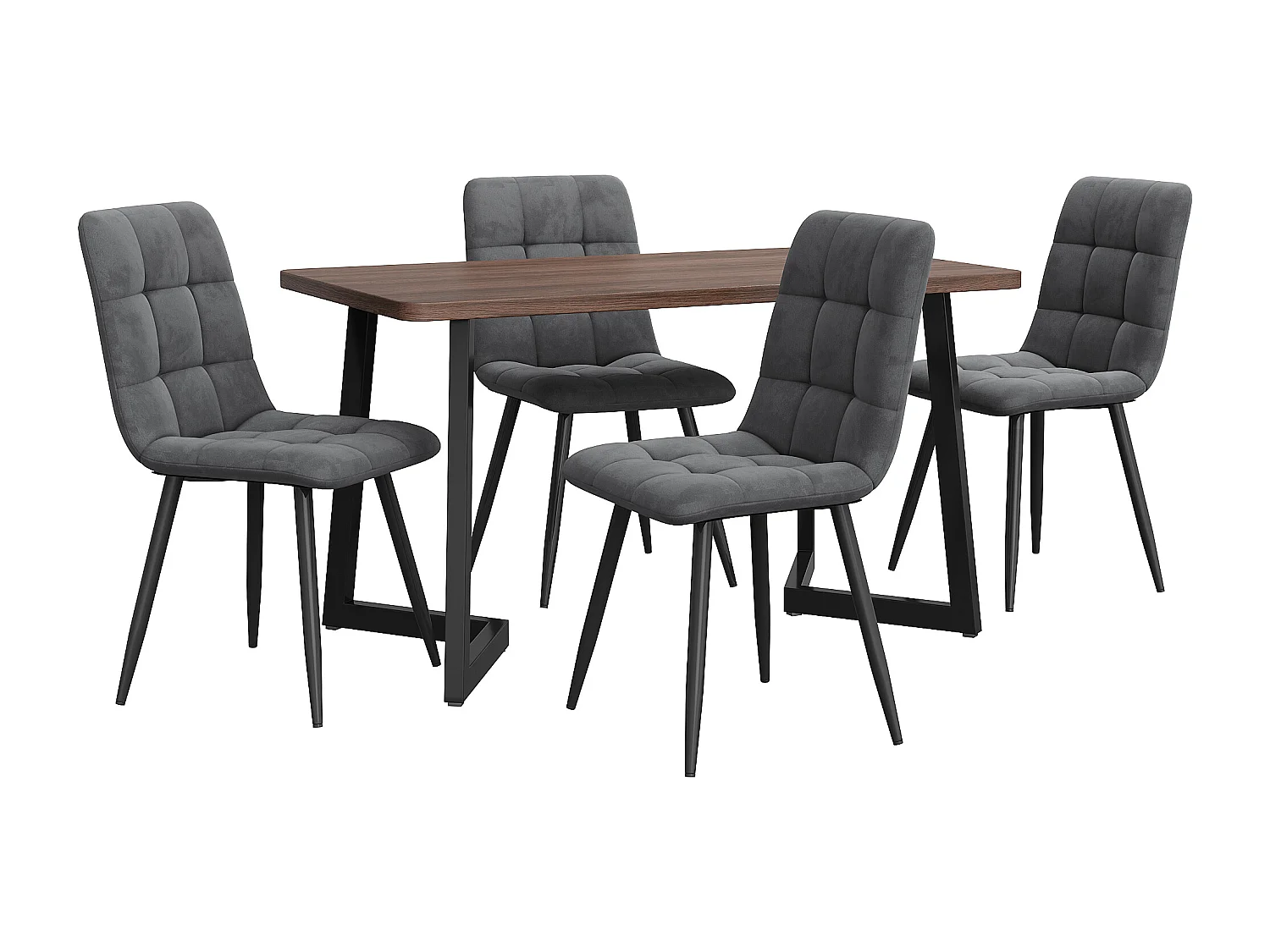 Conjunto de comedor, mesa 140×80×75cm con 4 sillas, MDF+metal+terciopelo, negro+nogal+gris oscuro