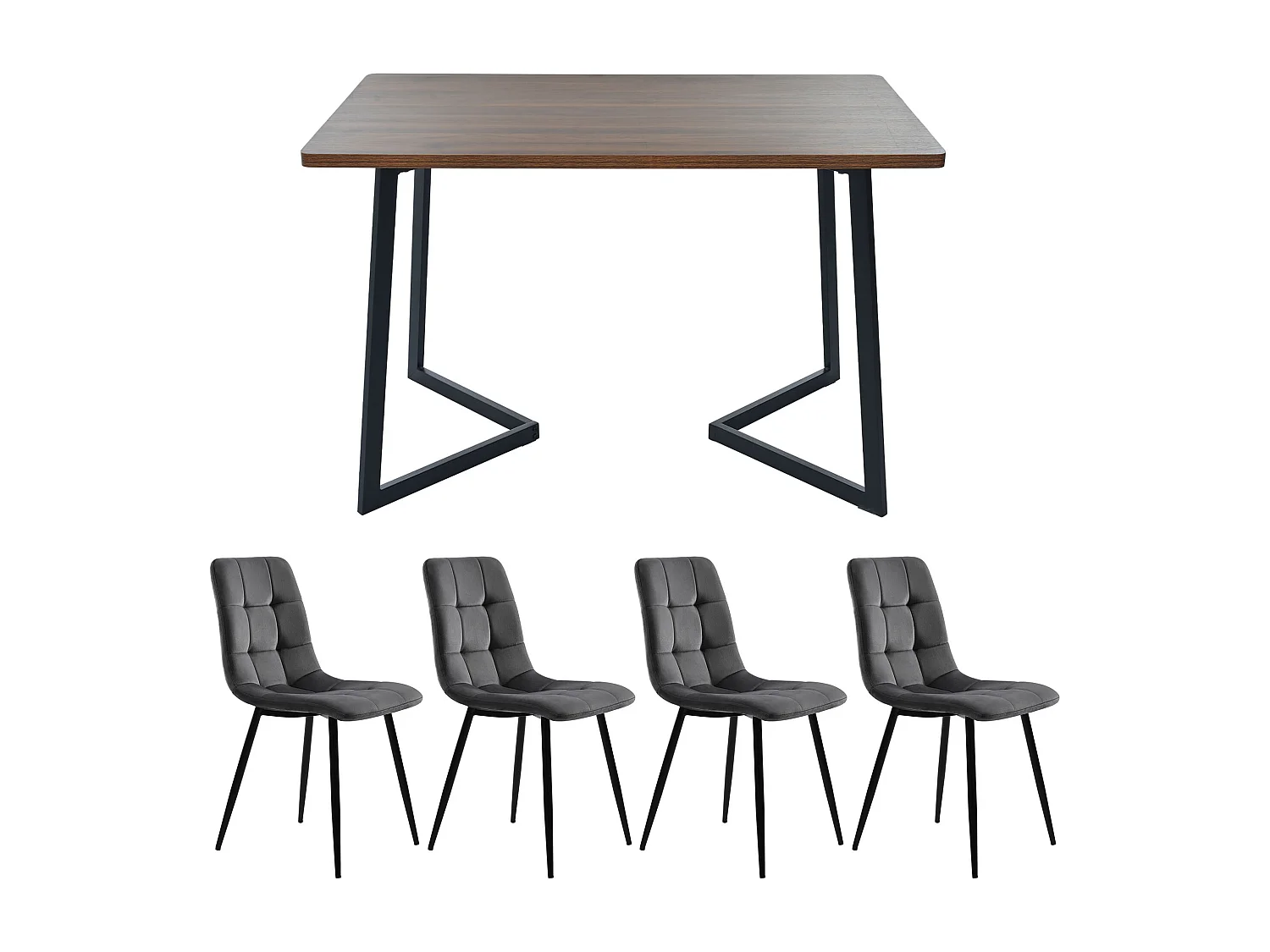 Conjunto de comedor, mesa 140×80×75cm con 4 sillas, MDF+metal+terciopelo, negro+nogal+gris oscuro