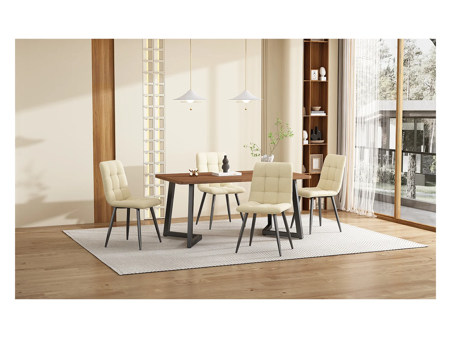 Ensemble table + 4 chaises -140×80×75cm, MDF+métal+velours, noir+noyer+beige