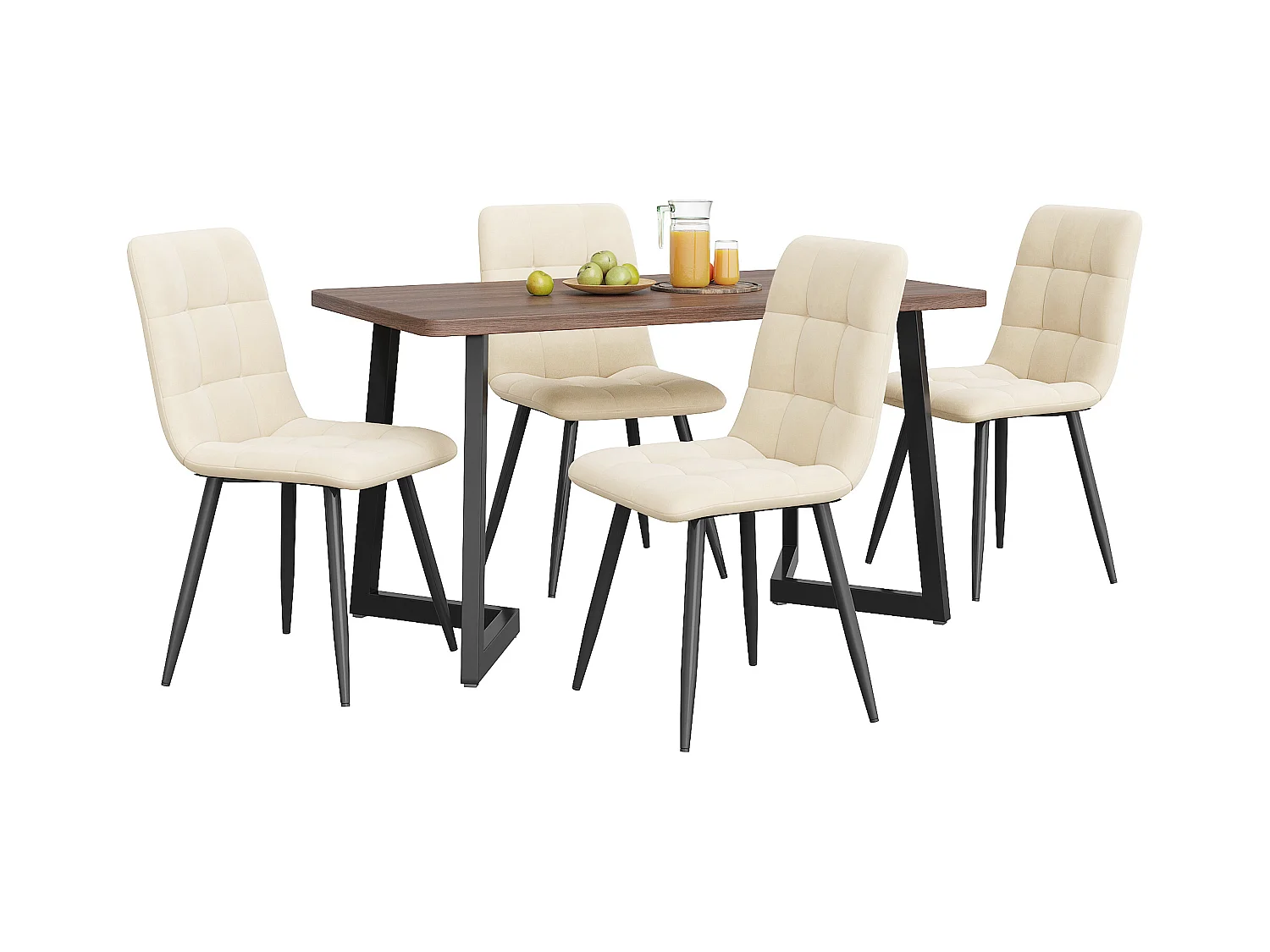 Ensemble table + 4 chaises -140×80×75cm, MDF+métal+velours, noir+noyer+beige