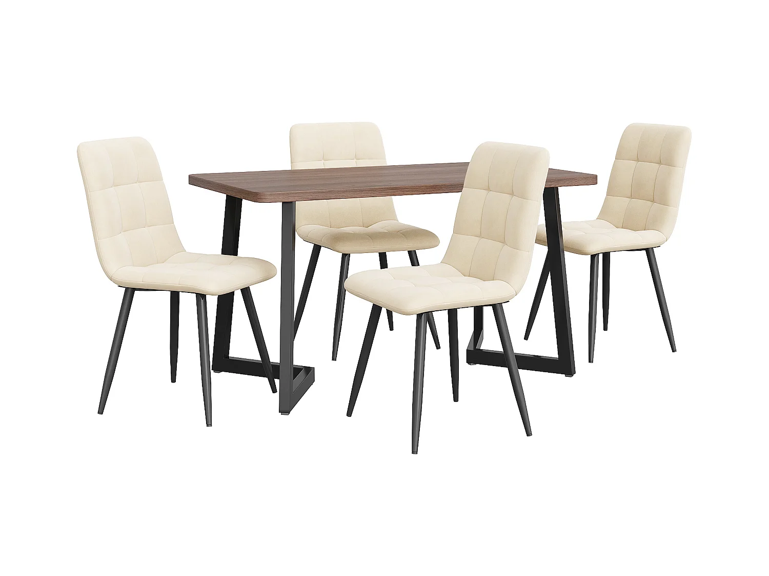 Ensemble table + 4 chaises -140×80×75cm, MDF+métal+velours, noir+noyer+beige