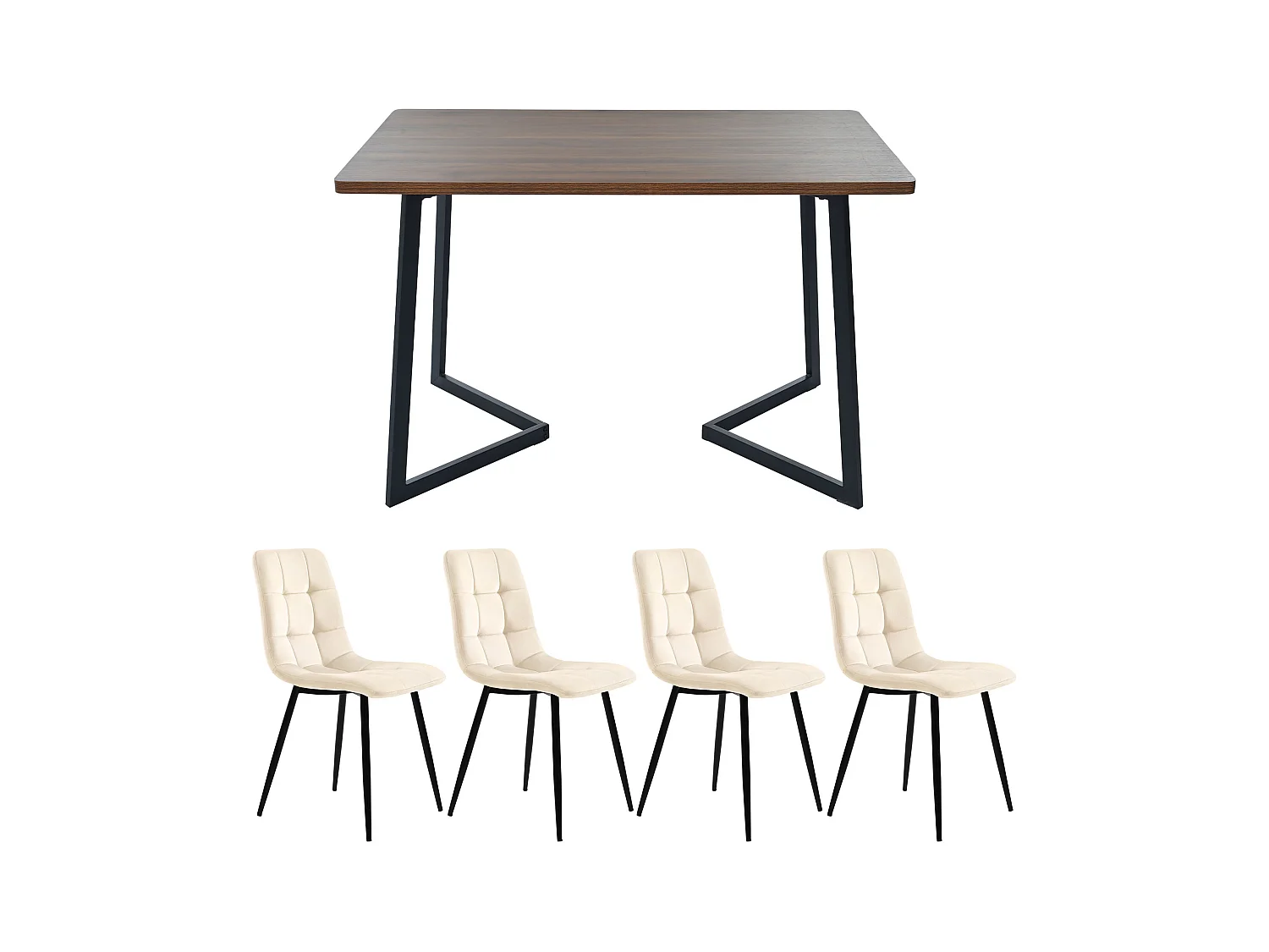 Ensemble table + 4 chaises -140×80×75cm, MDF+métal+velours, noir+noyer+beige