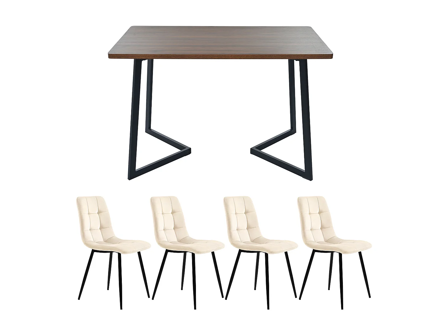 Ensemble table + 4 chaises -140×80×75cm, MDF+métal+velours, noir+noyer+beige