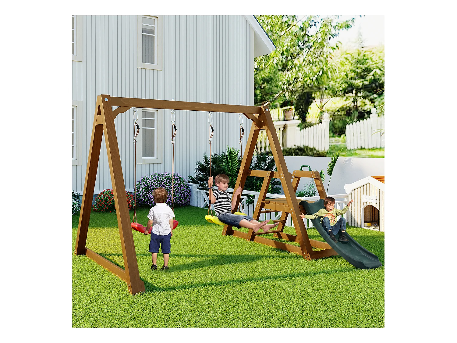 Podwójna huśtawka dla dzieci - 239 x 240 x 169cm - wykonana z drewna - ze zjeżdżalnią i drabinką - Naturalna
