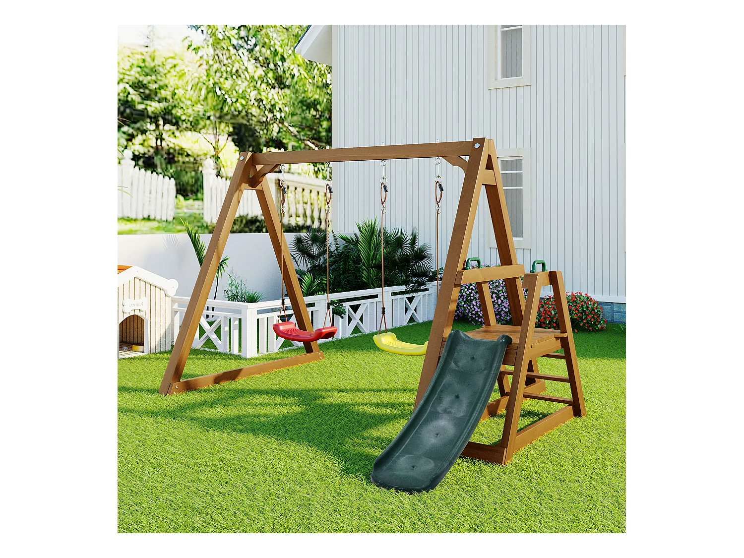 Podwójna huśtawka dla dzieci - 239 x 240 x 169cm - wykonana z drewna - ze zjeżdżalnią i drabinką - Naturalna