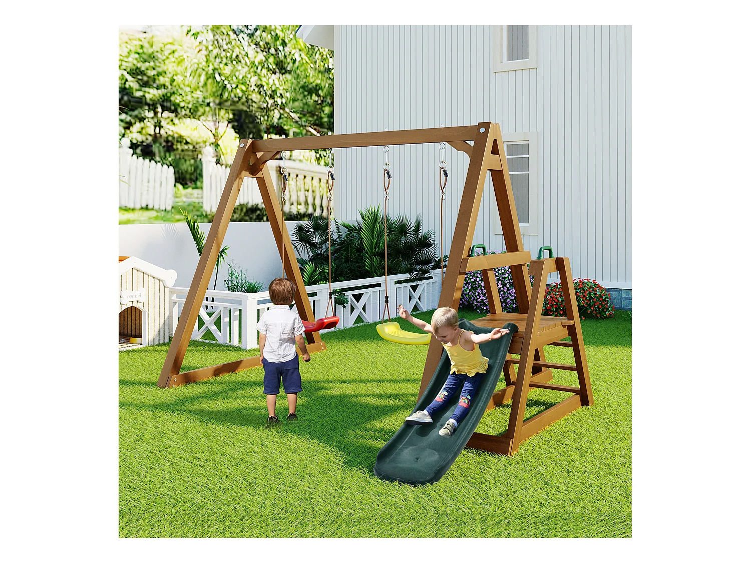 Podwójna huśtawka dla dzieci - 239 x 240 x 169cm - wykonana z drewna - ze zjeżdżalnią i drabinką - Naturalna