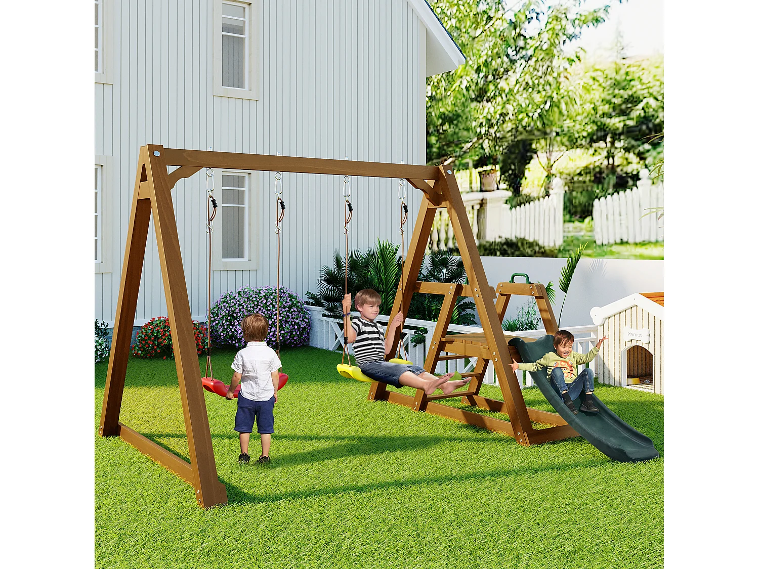 Balançoire double pour enfants - 239 x 240 x 169cm - en matériel bois - avec toboggan et échelle d'escalade - Naturel