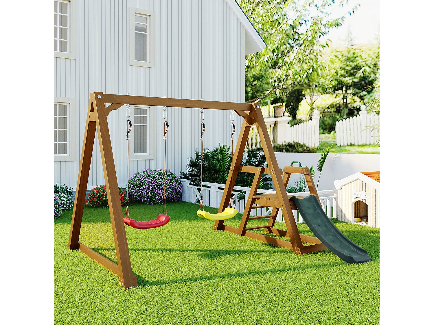 Balançoire double pour enfants - 239 x 240 x 169cm - en matériel bois - avec toboggan et échelle d'escalade - Naturel