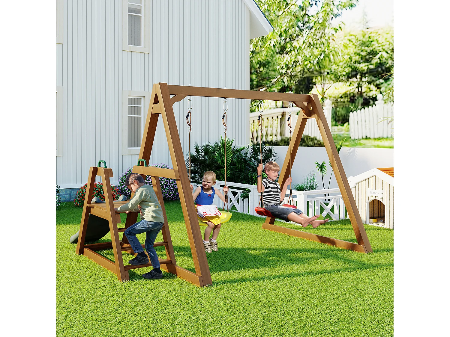 Balançoire double pour enfants - 239 x 240 x 169cm - en matériel bois - avec toboggan et échelle d'escalade - Naturel