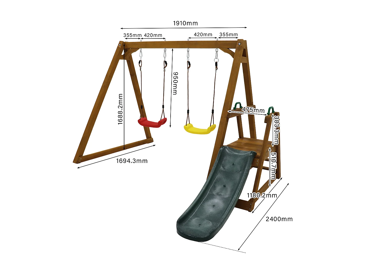 Balançoire double pour enfants - 239 x 240 x 169cm - en matériel bois - avec toboggan et échelle d'escalade - Naturel