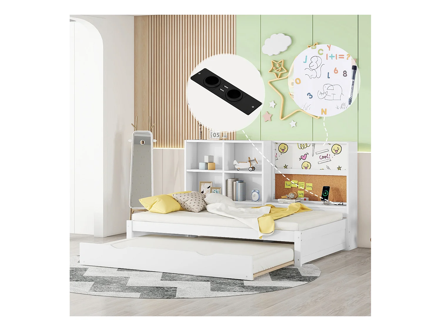 lit Canapé gigogne - 90 x 200 cm - rangements multiples - avec port de USB et dessin planche - Panneau - white