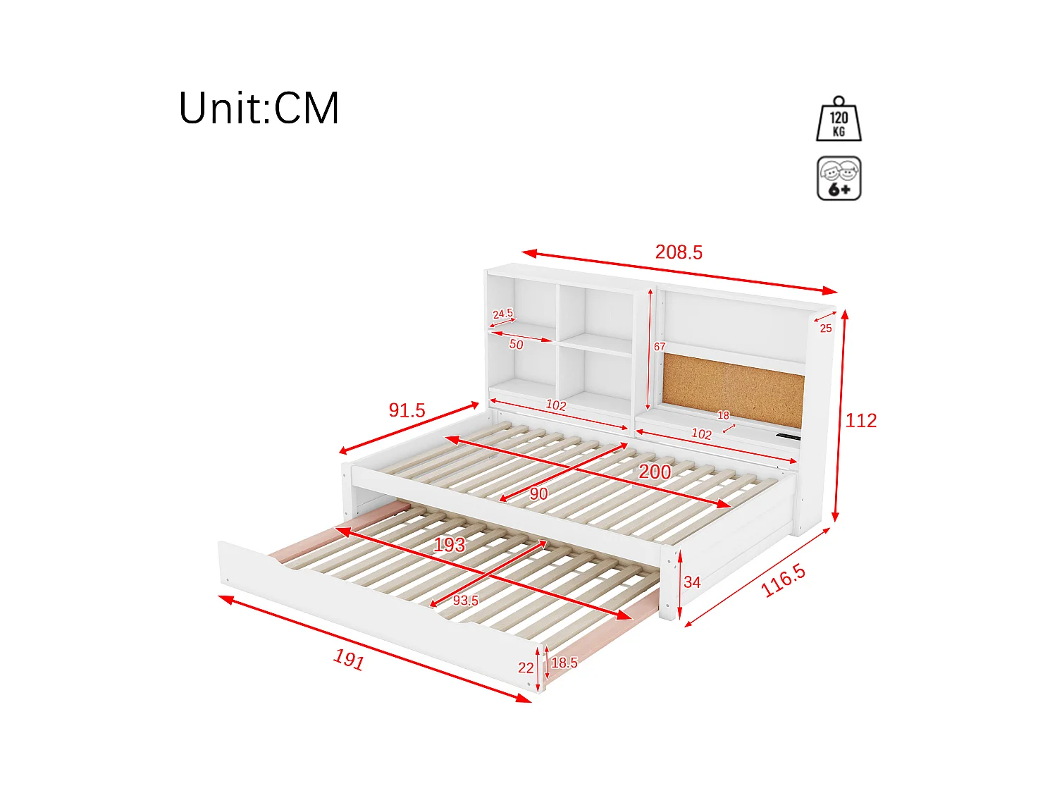 Slaapbank - 90 x 200 cm - veel opbergruimte - met USB-aansluiting en tekentafel - Paneel - wit