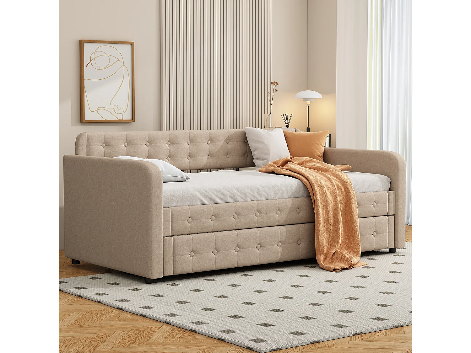 Canapé lit gigogne - 90 x 200 cm - grand espace de rangement - MDF - Marron