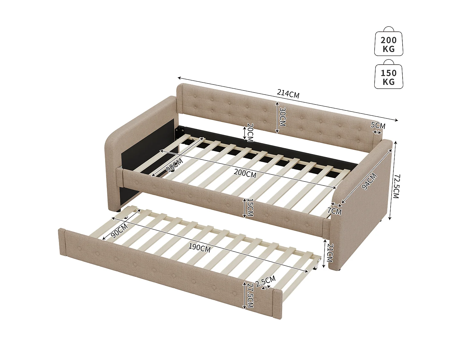 Canapé lit gigogne - 90 x 200 cm - grand espace de rangement - MDF - Marron