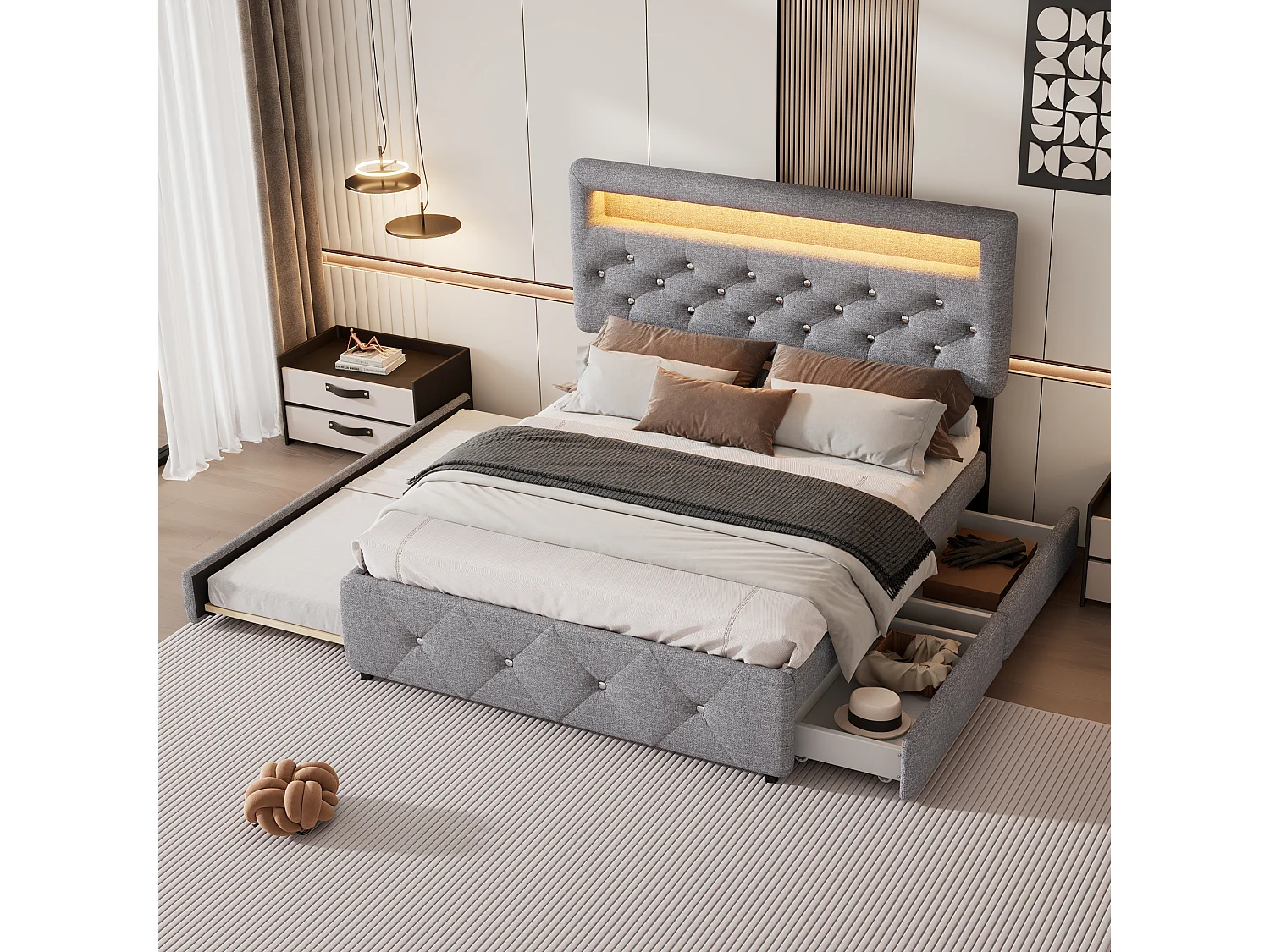 Lit coffre capitonné double - 160 x 200 cm - avec gigogne et 2 tiroirs - table de chevet lumineuse - Lin - gris