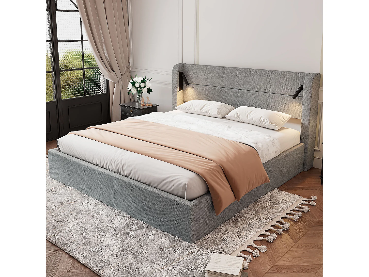 Letto contenitore matrimoniale imbottito - 160 x 200 cm - con contenitore e illuminazione d'atmosfera - Ciniglia - grigio