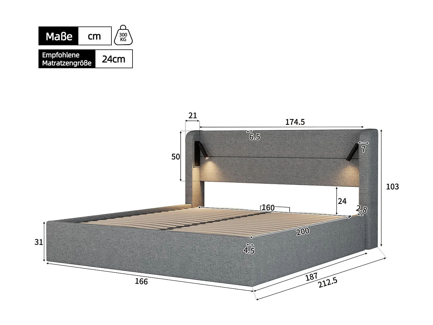 Letto contenitore matrimoniale imbottito - 160 x 200 cm - con contenitore e illuminazione d'atmosfera - Ciniglia - grigio