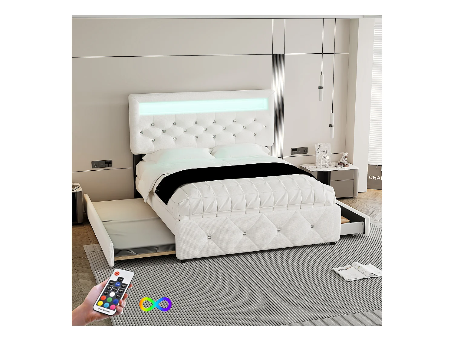 Lit coffre capitonné double - 160 x 200 cm - avec gigogne et 2 tiroirs - table de chevet lumineuse - Lin - blanc