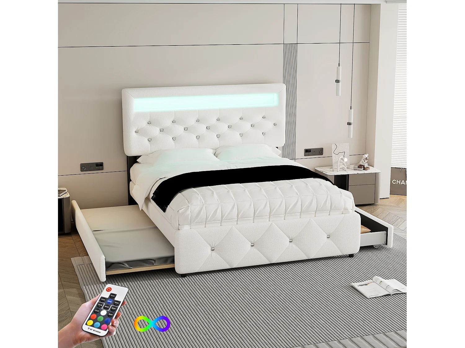 Lit coffre capitonné double - 160 x 200 cm - avec gigogne et 2 tiroirs - table de chevet lumineuse - Lin - blanc