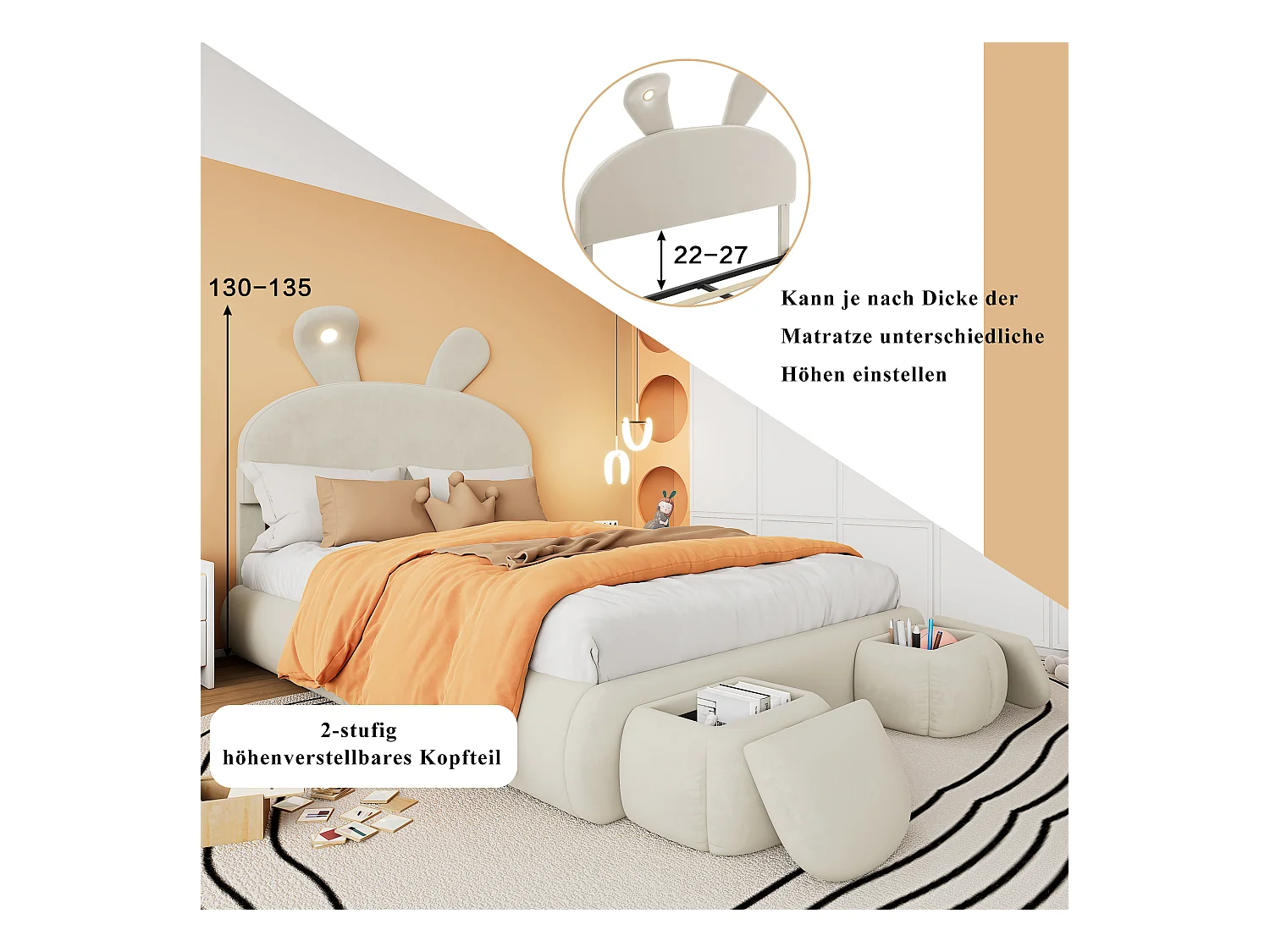 Łóżko podwójne ze schowkiem - 140 x 200 cm - z 2 stołkami ze schowkiem - uszy królika z diodami LED - aksamit - białe