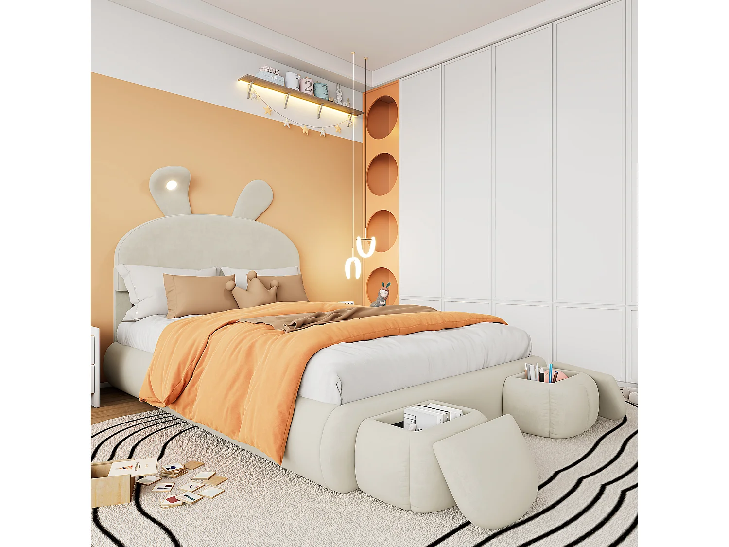 Lit coffre double - 140 x 200 cm - avec 2 tabourets de rangement - oreilles de lapin avec LEDs - Velours - Blanc