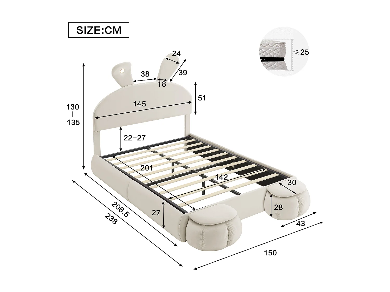 Lit coffre double - 140 x 200 cm - avec 2 tabourets de rangement - oreilles de lapin avec LEDs - Velours - Blanc