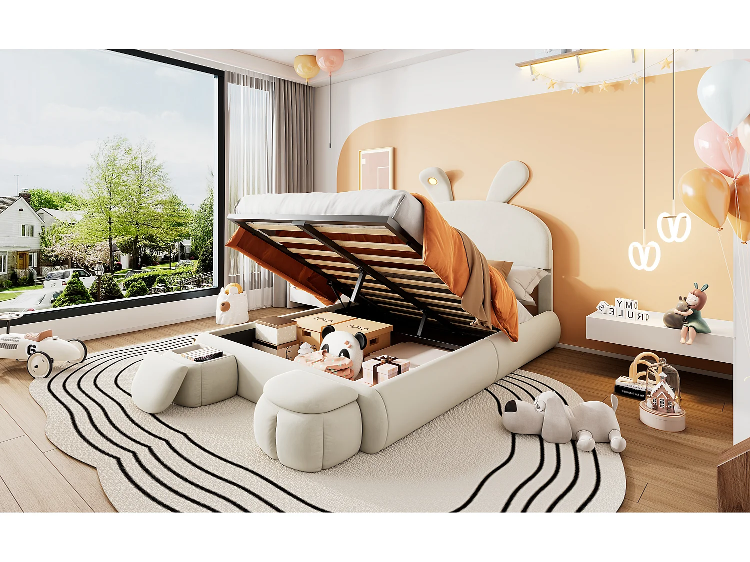 Lit coffre double - 140 x 200 cm - avec 2 tabourets de rangement - oreilles de lapin avec LEDs - Velours - Blanc