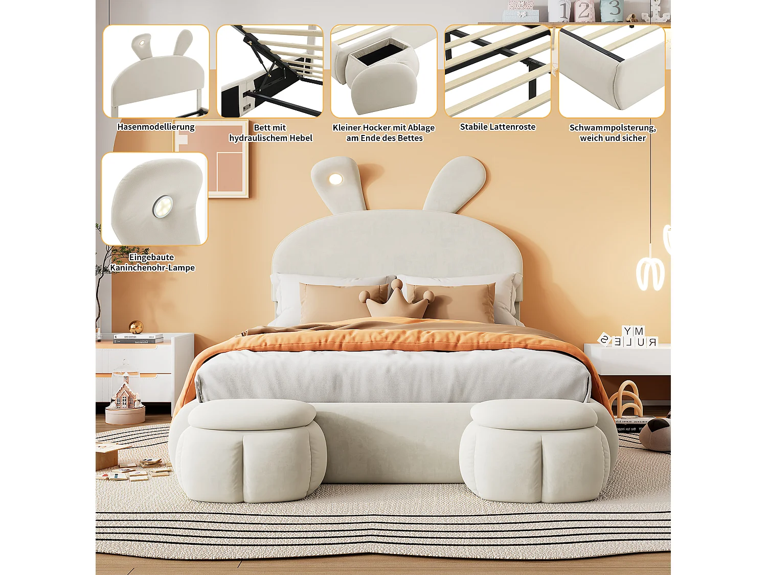 Lit coffre double - 140 x 200 cm - avec 2 tabourets de rangement - oreilles de lapin avec LEDs - Velours - beige