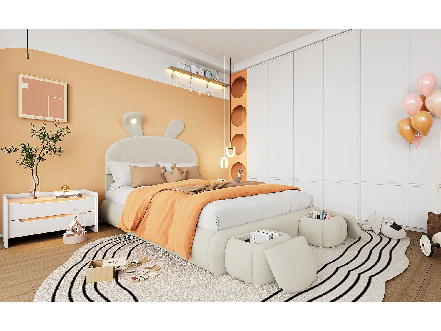 Lit coffre double - 140 x 200 cm - avec 2 tabourets de rangement - oreilles de lapin avec LEDs - Velours - beige